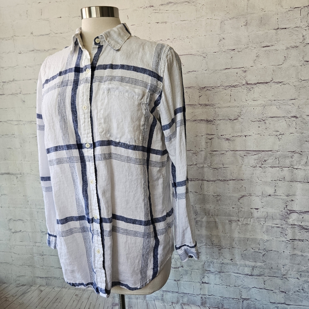 Gap Boyfriend Fit White Blue Plaid Linen Long Sleeve Button Up Shirt Medium - Picture 13 of 13
